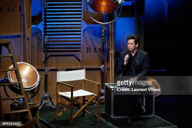Laurent Gerra imitates TV Presenter Laurent Delahousse during "Laurent Gerra Sans Moderation" at L'Olympia on December 27, 2017 in Paris, France.