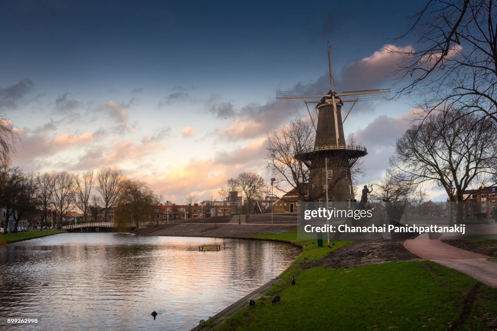 Landscape view of Rijnsburgersingel canal and Molen De Valk in Leiden, Netherlands