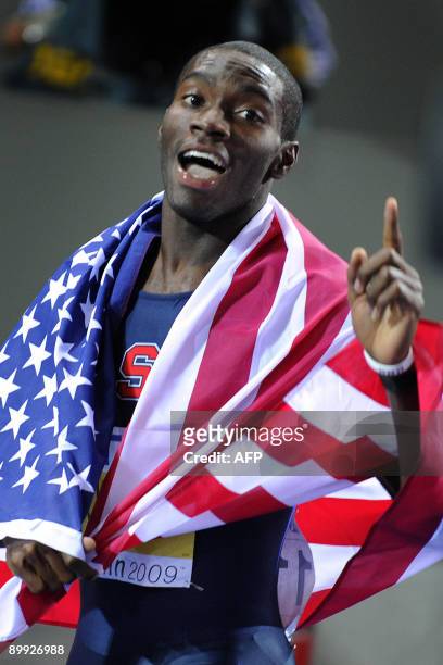 Kerron Clement celebrates after competing in the men's 400m hurdles final race of the 2009 IAAF Athletics World Championships on August 18, 2009 in...