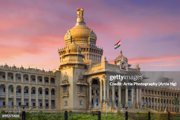 sunset at vidhana soudha (state legislature building) in bangalore, karnataka, india - bangalore bildbanksfoton och bilder