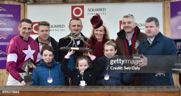 Dublin , Ireland - 28 December 2017; Winning connections, including Michael O'Leary and wife Anita, with jockey Davy Russell, left, and trainer...