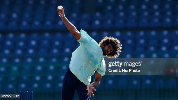 Sri Lanka cricketer Lasith Malinga delivers a ball during a training session at R Premadasa cricket stadium, Colombo, Sri Lanka on Thursday 28...