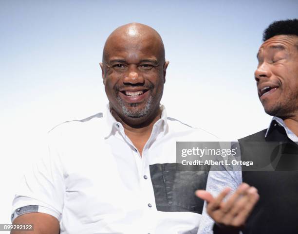 Producers Darnell Davis and Rico E. Anderson participate in the Q&A at the Cast And Crew Screening Of 5th Passenger held at TCL Chinese 6 Theatres on...