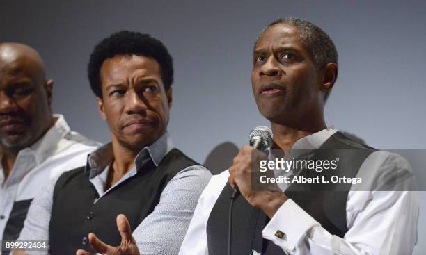 Actors Rico E. Anderson and Tim Russ participate in the Q&A at the Cast And Crew Screening Of 5th Passenger held at TCL Chinese 6 Theatres on...