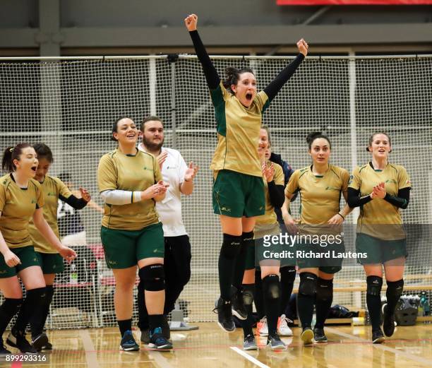Markham, ON - OCTOBER, 20 Australian players celebrate their victory. In a women's semi-final, Canada lost to Australia 11-5. The best dodgeball...