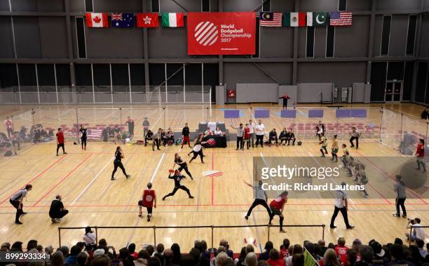 Markham, ON - OCTOBER, 20 Canadian women go on the attack. In a women's semi-final, Canada lost to Australia 11-5. The best dodgeball athletes from...