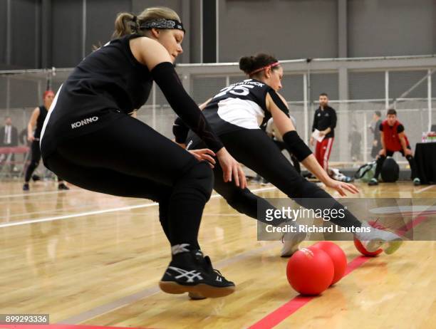 Markham, ON - OCTOBER, 20 Canadian women reach for some of the 6 balls on court. In a women's semi-final, Canada lost to Australia 11-5. The best...
