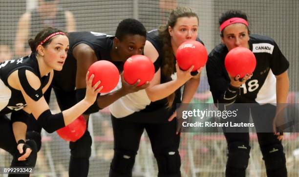 Markham, ON - OCTOBER, 20 Canadian women get together to talk strategy during the match. In a women's semi-final, Canada lost to Australia 11-5. The...