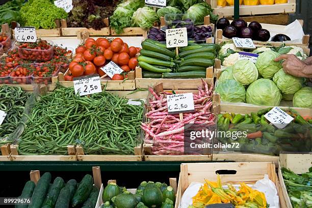 open market, fruits and vegatables on sale - italian market stock pictures, royalty-free photos & images