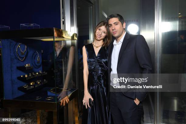 Victoria Gross and Roy Sebag attend Galerie Gmurzynska Hosts Diana Widmaier-Picasso in Celebration of Mene 24K and Yves Klein on December 27, 2017 in...