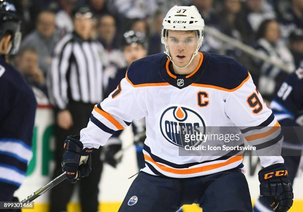 Edmonton Oilers Center Connor McDavid on the forecheck during a NHL game between the Winnipeg Jets and Edmonton Oilers on December 27, 2017 at Bell...