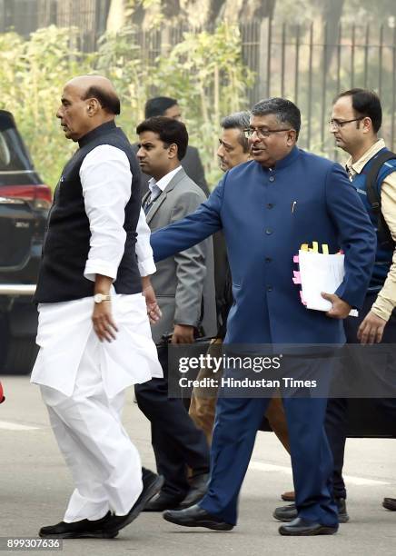 Home Minister Rajnath Singh and Union Minister for law and justice Ravi Shankar Prasad before Triple Talaq bill presented in Lok Sabha during the...