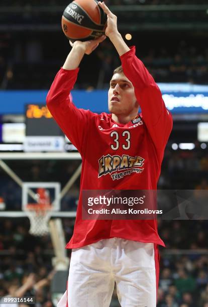Kyle Wiltjer, #33 of Olympiacos Piraeus in action during the 2017/2018 Turkish Airlines EuroLeague Regular Season Round 15 game between Zalgiris...