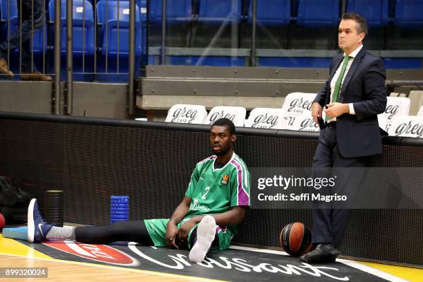 Viny Okouo, #2 of Unicaja Malaga warming up during the 2017/2018 Turkish Airlines EuroLeague Regular Season Round 15 game between Maccabi Fox Tel...