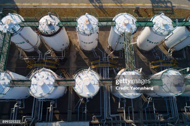 aerial view oil refinery, refinery plant, refinery factory - petrochemie stock-fotos und bilder