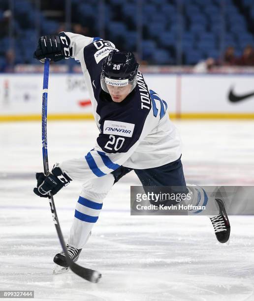 Eeli Tolvanen of Finland takes a shot in the second period against Denmark during the IIHF World Junior Championship at KeyBank Center on December...
