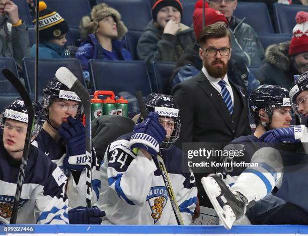 Finland head coach Jussi Ahokas watches play against Denmark in the second period during the IIHF World Junior Championship at KeyBank Center on...