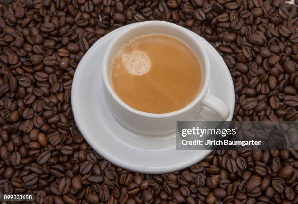 Symbol photo on the topic coffee. The picture shows a coffee pot with coffee on coffee beans.