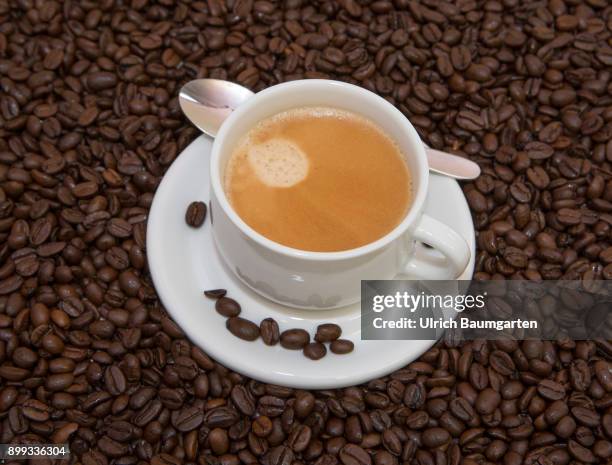 Symbol photo on the topic coffee. The picture shows a coffee pot with coffee on coffee beans.