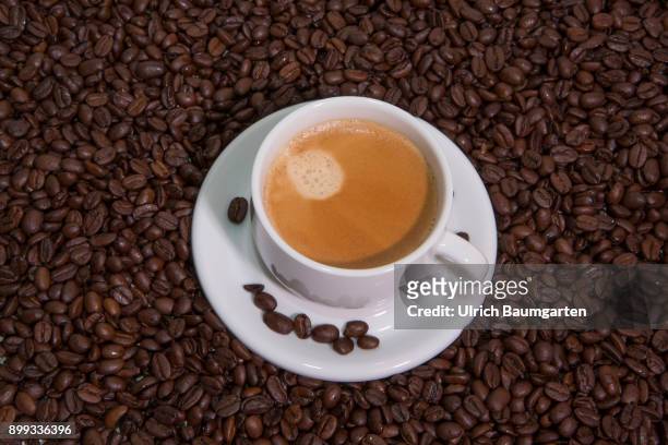 Symbol photo on the topic coffee. The picture shows a coffee pot with coffee on coffee beans.