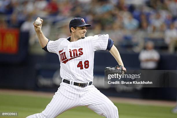 Carl Pavano of the Minnesota Twins pitches to the Kansas City Royals on August 13, 2009 at the Metrodome in Minneapolis, Minnesota. The Royals won...