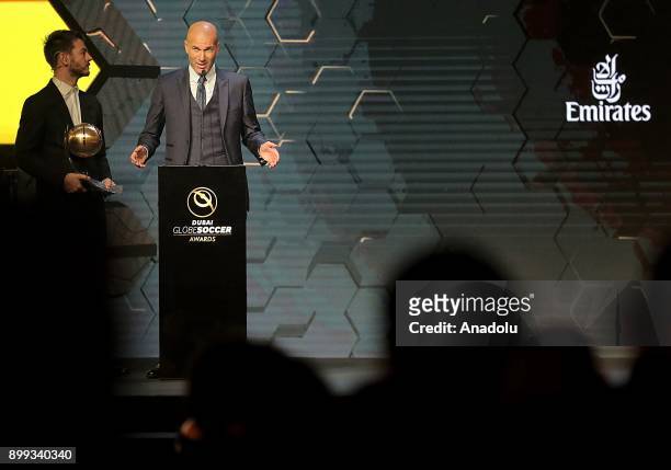 Head Coach of Real Madrid Zinedine Zidane delivers a speech after receiving 'Best Coach of the Year' award during the Globe Soccer Awards Ceremony at...