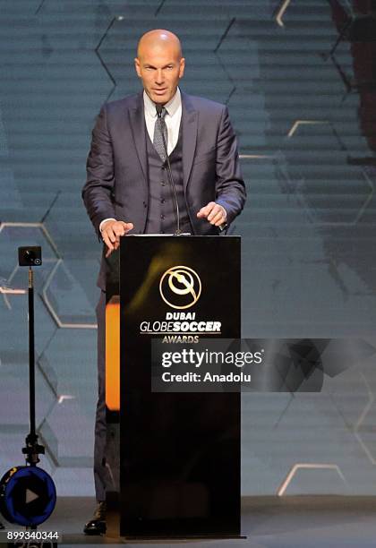 Head Coach of Real Madrid Zinedine Zidane delivers a speech after receiving 'Best Coach of the Year' award during the Globe Soccer Awards Ceremony at...