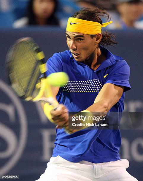 Rafael Nadal of Spain hits a backhand against Andreas Seppi of Italy during day three of the Western & Southern Financial Group Masters on August 19,...