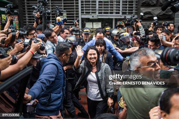 The leader of Peru's Fuerza Popular party Keiko Fujimori leaves the public prosecutor's office in Lima, on December 28, 2017. Peru's public...