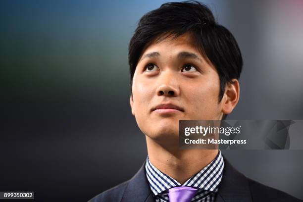 Shohei Ohtani of the Los Angeles Angels attends his farewell event at Sapporo Dome on December 25, 2017 in Sapporo, Hokkaido, Japan.