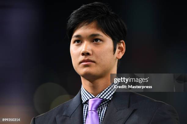 Shohei Ohtani of the Los Angeles Angels attends his farewell event at Sapporo Dome on December 25, 2017 in Sapporo, Hokkaido, Japan.