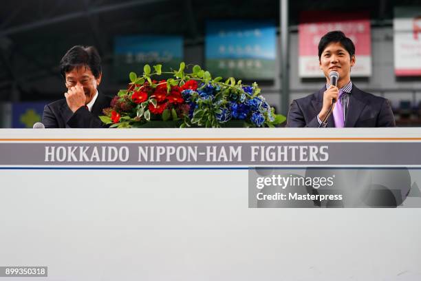 Shohei Ohtani of the Los Angeles Angels attends his farewell event with Hokkaido Nippon Ham Fighters head coach Hideki Kuriyama at Sapporo Dome on...