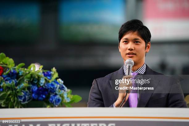 Shohei Ohtani of the Los Angeles Angels attends his farewell event at Sapporo Dome on December 25, 2017 in Sapporo, Hokkaido, Japan.