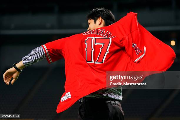 Shohei Ohtani of the Los Angeles Angels attends his farewell event at Sapporo Dome on December 25, 2017 in Sapporo, Hokkaido, Japan.