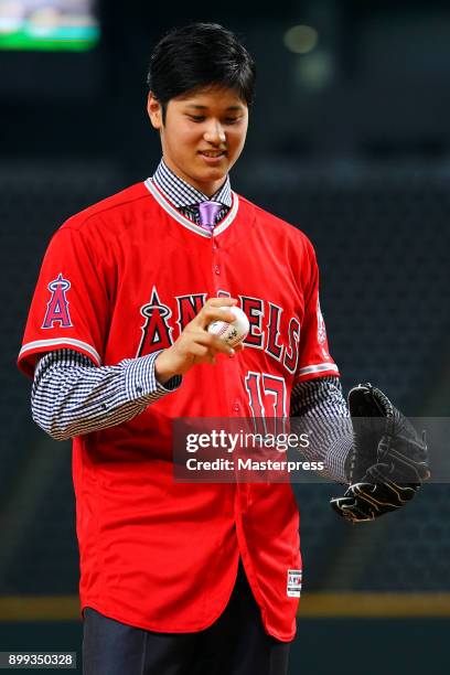 Shohei Ohtani of the Los Angeles Angels attends his farewell event at Sapporo Dome on December 25, 2017 in Sapporo, Hokkaido, Japan.