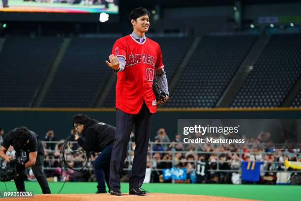 Shohei Ohtani of the Los Angeles Angels attends his farewell event at Sapporo Dome on December 25, 2017 in Sapporo, Hokkaido, Japan.