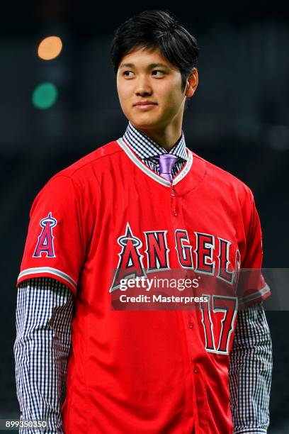 Shohei Ohtani of the Los Angeles Angels attends his farewell event at Sapporo Dome on December 25, 2017 in Sapporo, Hokkaido, Japan.