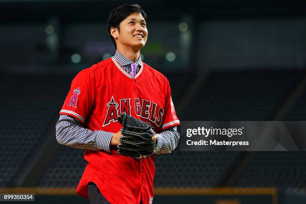 Shohei Ohtani of the Los Angeles Angels attends his farewell event at Sapporo Dome on December 25, 2017 in Sapporo, Hokkaido, Japan.