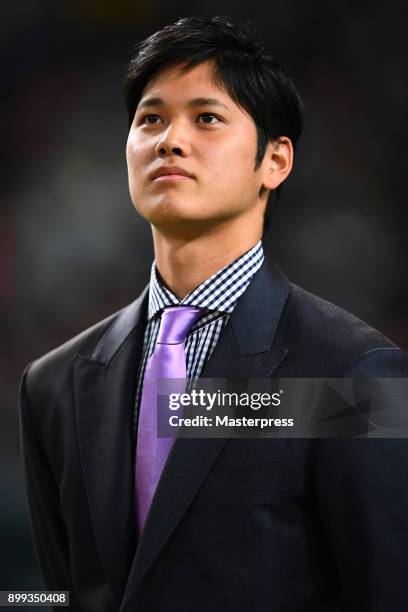 Shohei Ohtani of the Los Angeles Angels attends his farewell event at Sapporo Dome on December 25, 2017 in Sapporo, Hokkaido, Japan.