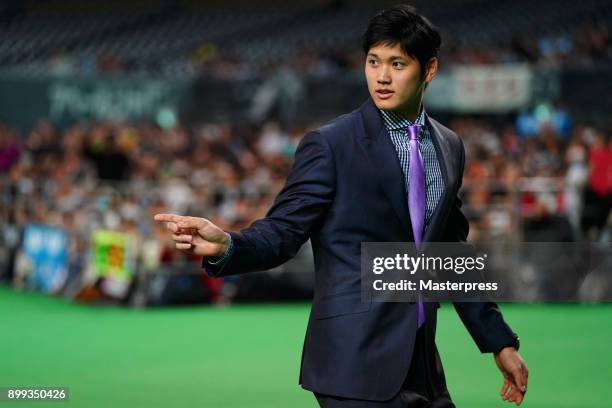 Shohei Ohtani of the Los Angeles Angels attends his farewell event at Sapporo Dome on December 25, 2017 in Sapporo, Hokkaido, Japan.