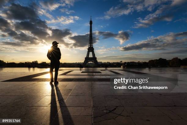 a man in silhouette with eiffel tower , paris, france - instituto del mundo árabe fotografías e imágenes de stock