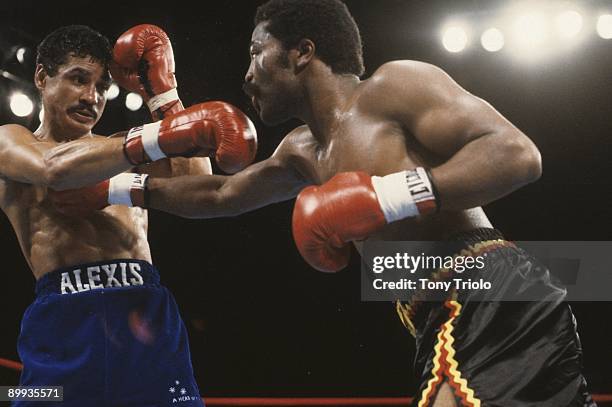 Light Welterweight Title: Aaron Pryor in action, right hand punch to Alexis Arguello during the WBA Light Welterweight Title fight. Miami, FL CREDIT:...