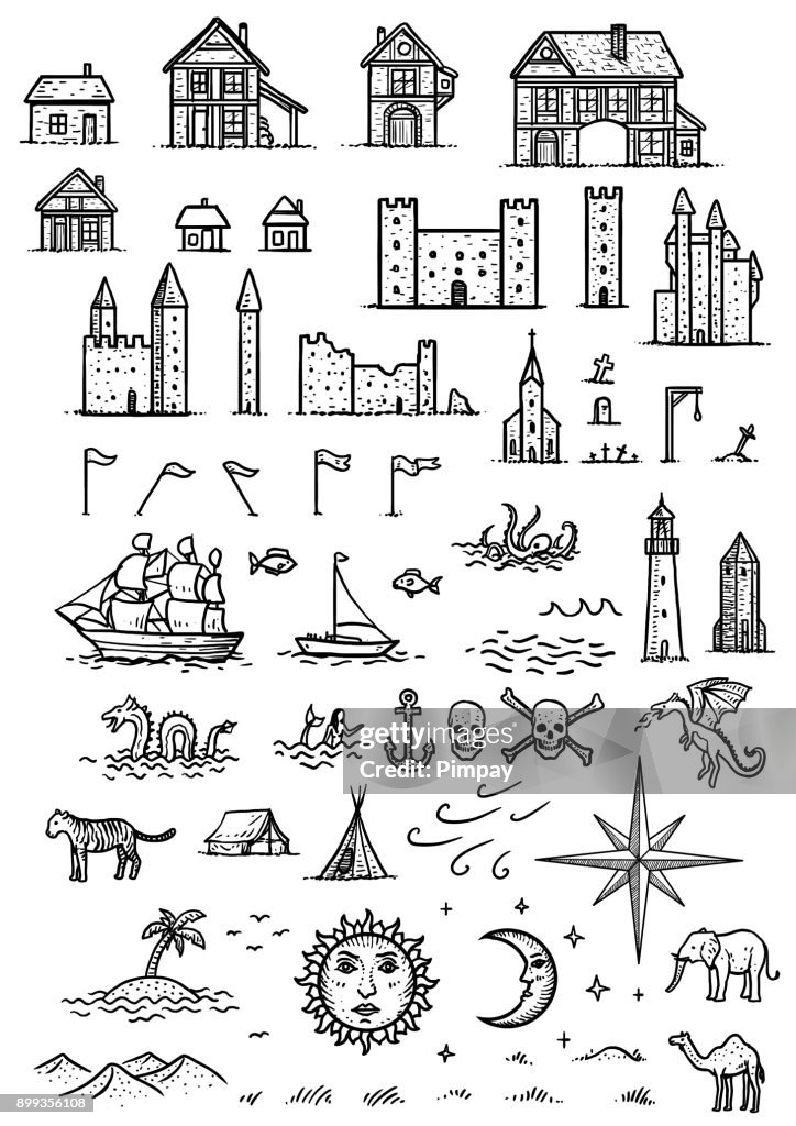 Map Elements Illustration Drawing Engraving Ink Line Art Vector High ...