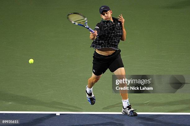 Andy Roddick hits a forehand against Sam Querrey during day three of the Western & Southern Financial Group Masters on August 19, 2009 at the Lindner...