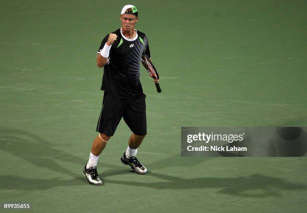 Lleyton Hewitt of Australia celebrates a point against Benjamin Becker of Germany during day three of the Western & Southern Financial Group Masters...