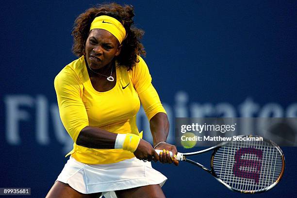 Serena Williams of the U.S. Returns a shot to Yaroslava Shvedova of Kazakistan during the Rogers Cup at the Rexall Center on August 19, in Toronto,...