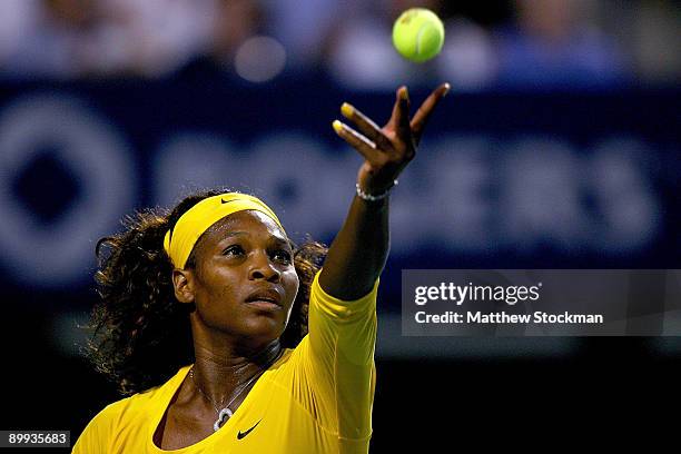 Serena Williams of the U.S. Serves to Yaroslava Shvedova of Kazakistan during the Rogers Cup at the Rexall Center on August 19, in Toronto, Ontario,...