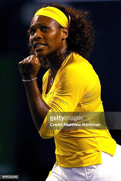 Serena Williams of the U.S. Celebrates match point against Yaroslava Shvedova of Kazakistan during the Rogers Cup at the Rexall Center on August 19,...