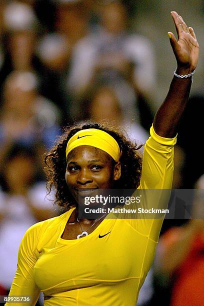 Serena Williams of the U.S. Acknowledges the crowd after defeating Yaroslava Shvedova of Kazakistan during the Rogers Cup at the Rexall Center on...