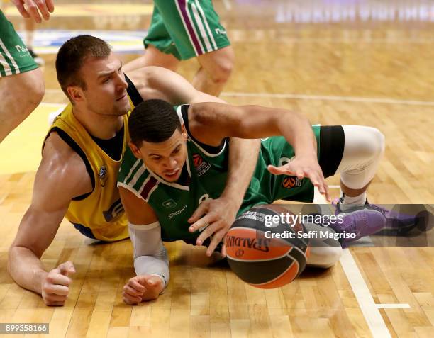 Ray McCallum, #3 of Unicaja Malaga competes with Artsiom Parakhouski, #45 of Maccabi Fox Tel Aviv during the 2017/2018 Turkish Airlines EuroLeague...